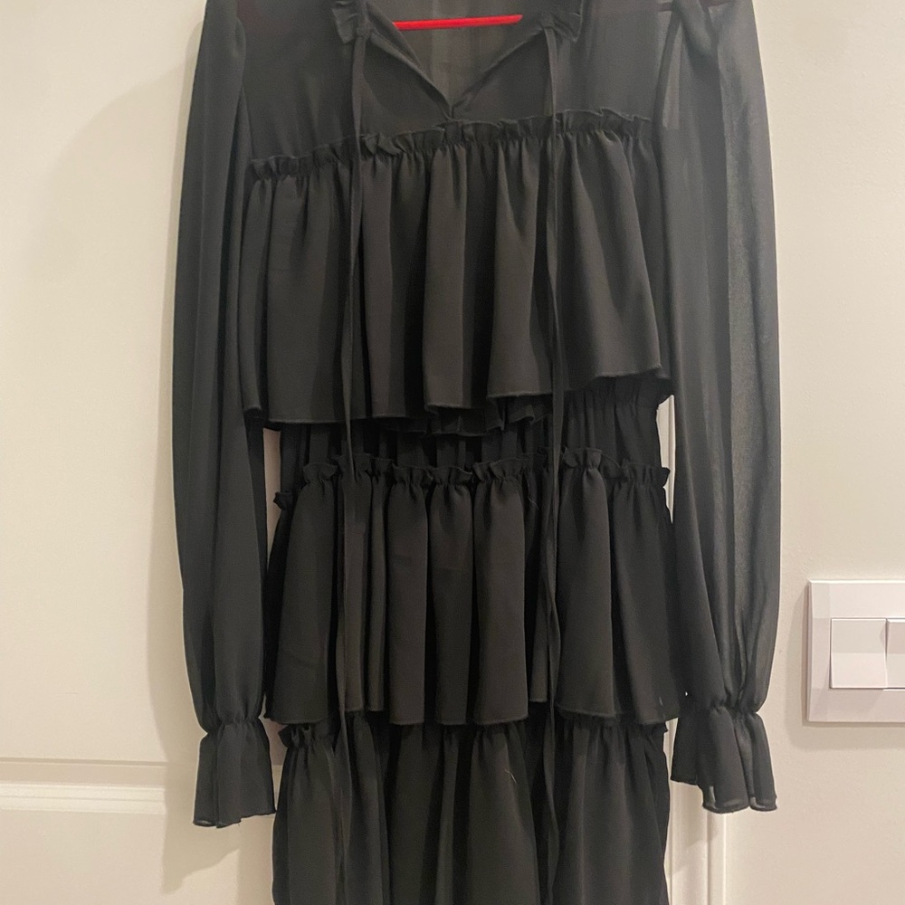 SHEIN Black Pleated Cocktail Dress with Bishop Sleeves